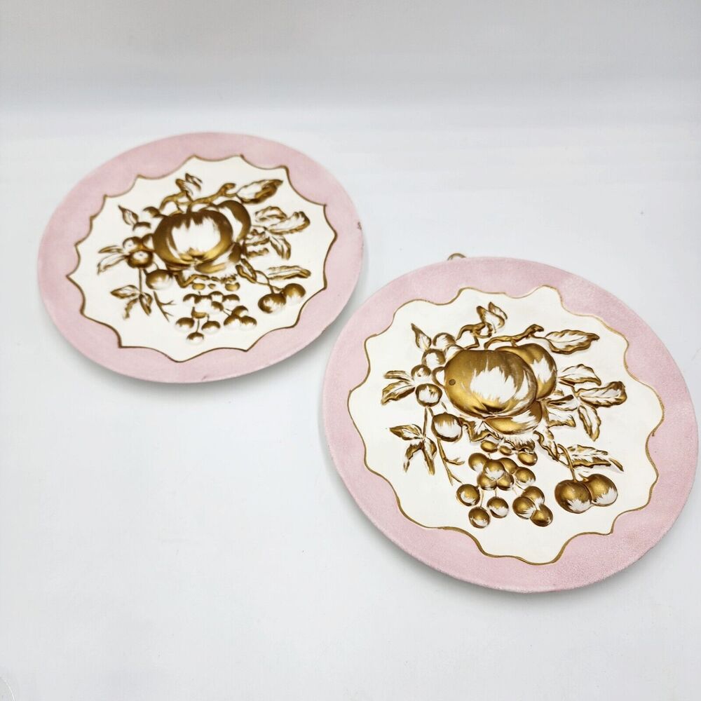 Vintage Set Of 2 Japan Hanging Wall Plates With Pink Gold Dimensional Fruit